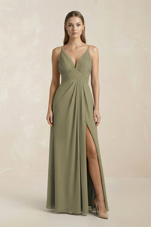 Thyme V-Neck A-Line Pleated Chiffon Bridesmaid Dress | KISSBRIDAL