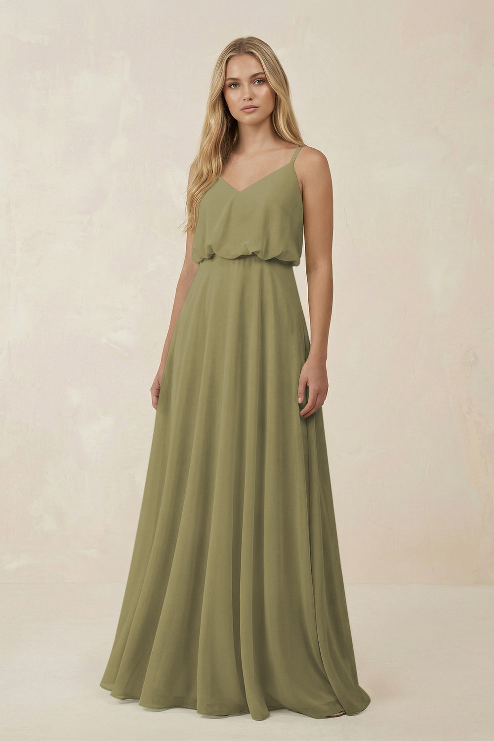 V-Neck Blouson A-Line Chiffon Bridesmaid Dress in Thyme