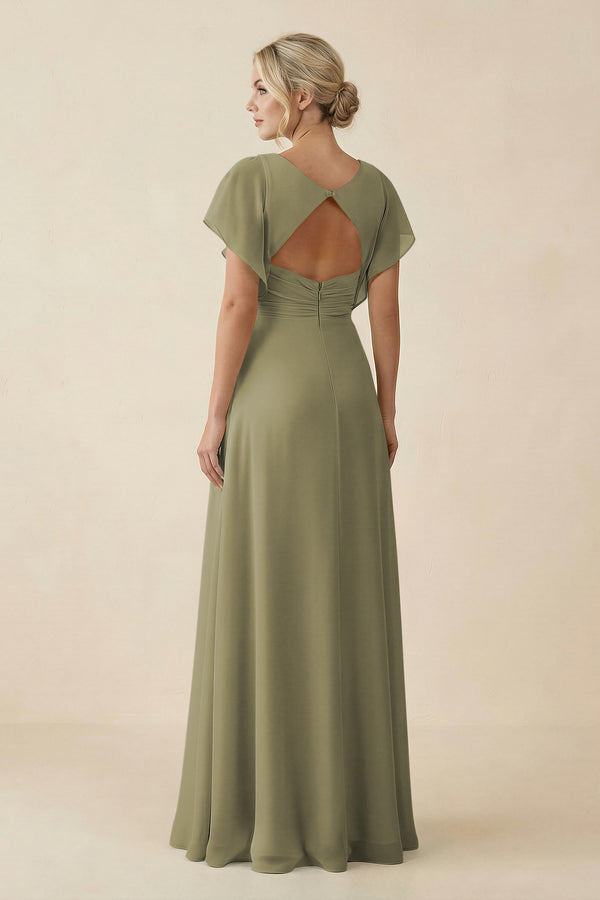 Thyme V-Neck Cap Sleeve Chiffon Bridesmaid Dress with Cut-out Back (2) | KISSBRIDAL