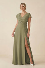 Thyme V-Neck Cap Sleeve Chiffon Bridesmaid Dress with Cut-out Back | KISSBRIDAL