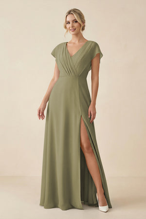 Thyme V-Neck Cap Sleeve Chiffon Bridesmaid Dress with Cut-out Back | KISSBRIDAL