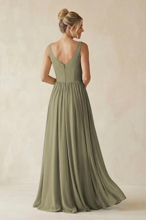 Thyme V-Neck Chiffon A-Line Long Bridesmaid Dress (2) | KISSBRIDAL