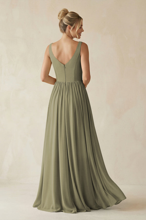 Thyme V-Neck Chiffon A-Line Long Bridesmaid Dress (2) | KISSBRIDAL