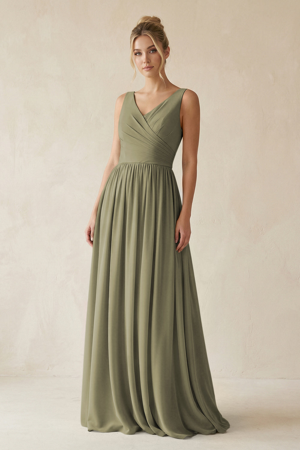 V-Neck Chiffon A-Line Long Bridesmaid Dress in Thyme
