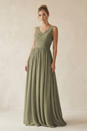 Thyme V-Neck Chiffon A-Line Long Bridesmaid Dress | KISSBRIDAL