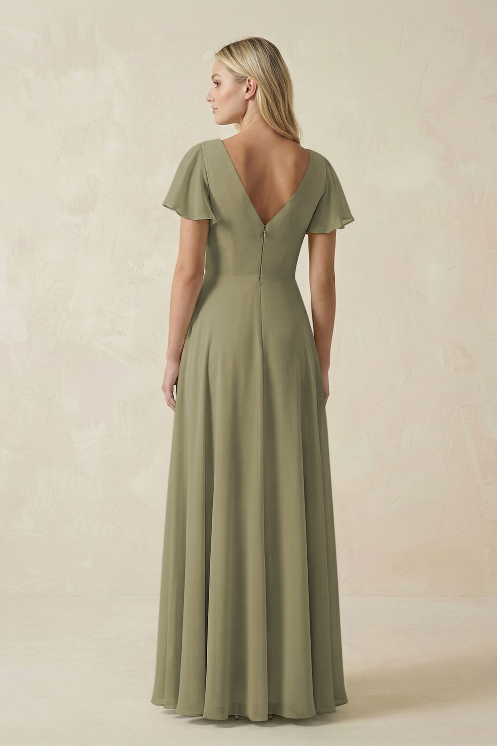 V-Neck Flutter Sleeve A-Line Chiffon Bridesmaid Dress in Thyme
