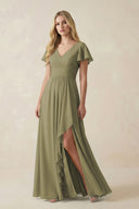 Thyme V-Neck Flutter Sleeve A-Line Chiffon Bridesmaid Dress | KISSBRIDAL