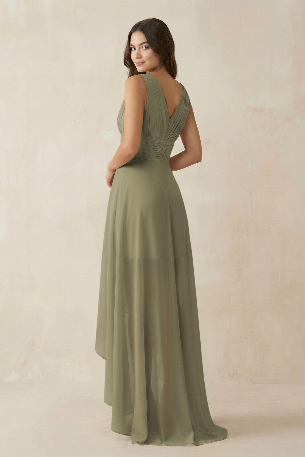 V-Neck High-Low Chiffon Bridesmaid Dress in Thyme
