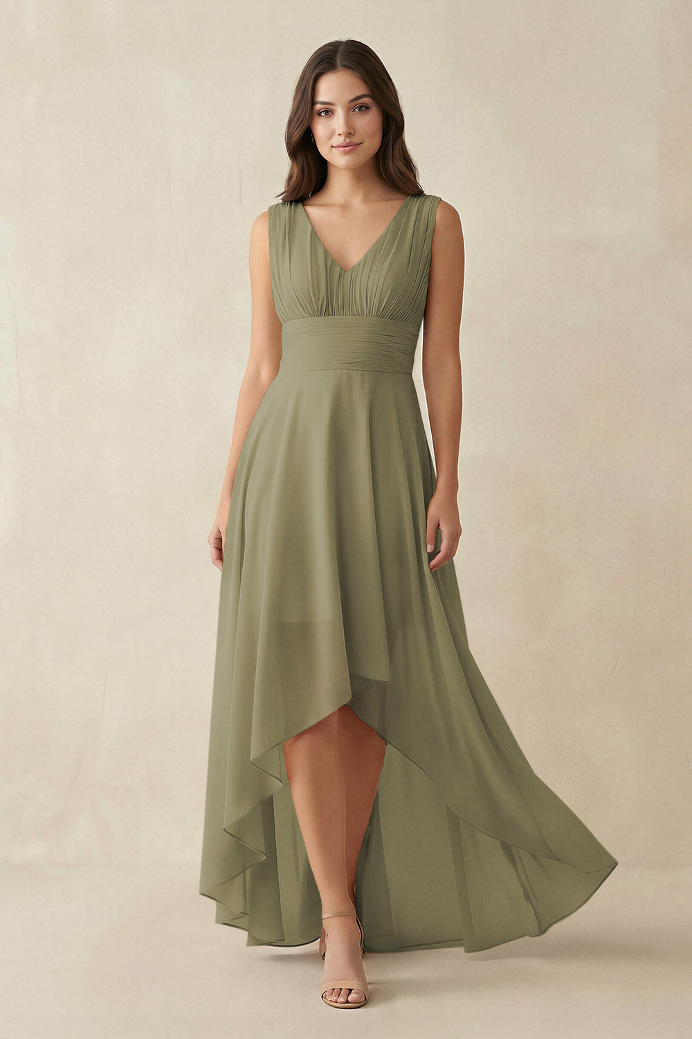 V-Neck High-Low Chiffon Bridesmaid Dress in Thyme