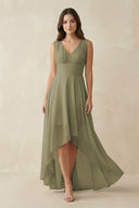 Thyme V-Neck High-Low Chiffon Bridesmaid Dress | KISSBRIDAL