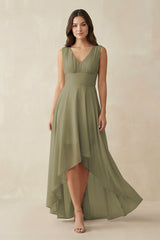 Thyme V-Neck High-Low Chiffon Bridesmaid Dress | KISSBRIDAL