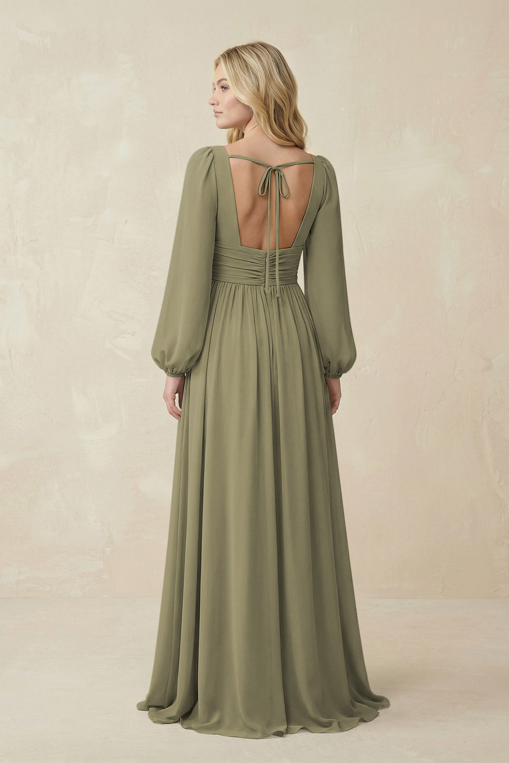 V-Neck Long Sleeve A-Line Chiffon Bridesmaid Dress in Thyme
