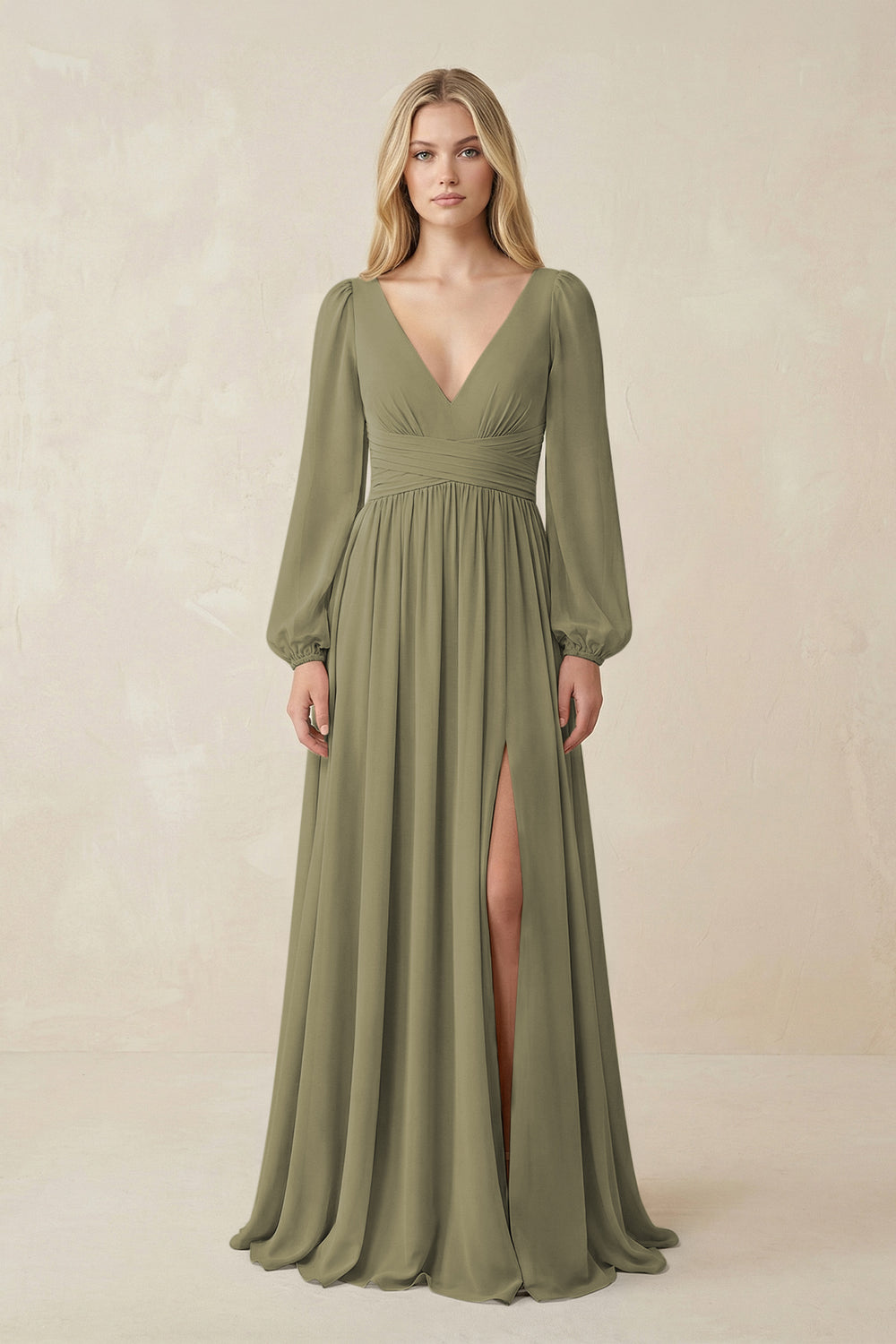 V-Neck Long Sleeve A-Line Chiffon Bridesmaid Dress in Thyme