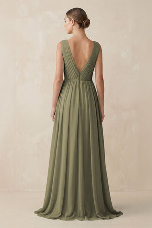 Thyme V-Neck Pleated A-Line Chiffon Bridesmaid Dress (2) | KISSBRIDAL