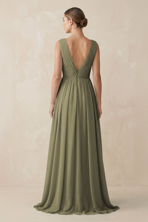 Thyme V-Neck Pleated A-Line Chiffon Bridesmaid Dress (2) | KISSBRIDAL