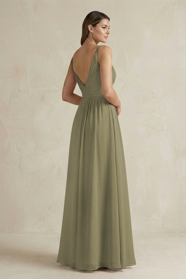 Thyme V-Neck Pleated A-Line Chiffon Bridesmaid Dress (2) | KISSBRIDAL