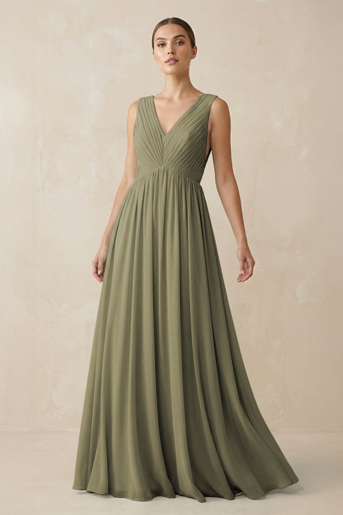 Thyme V-Neck Pleated A-Line Chiffon Bridesmaid Dress | KISSBRIDAL