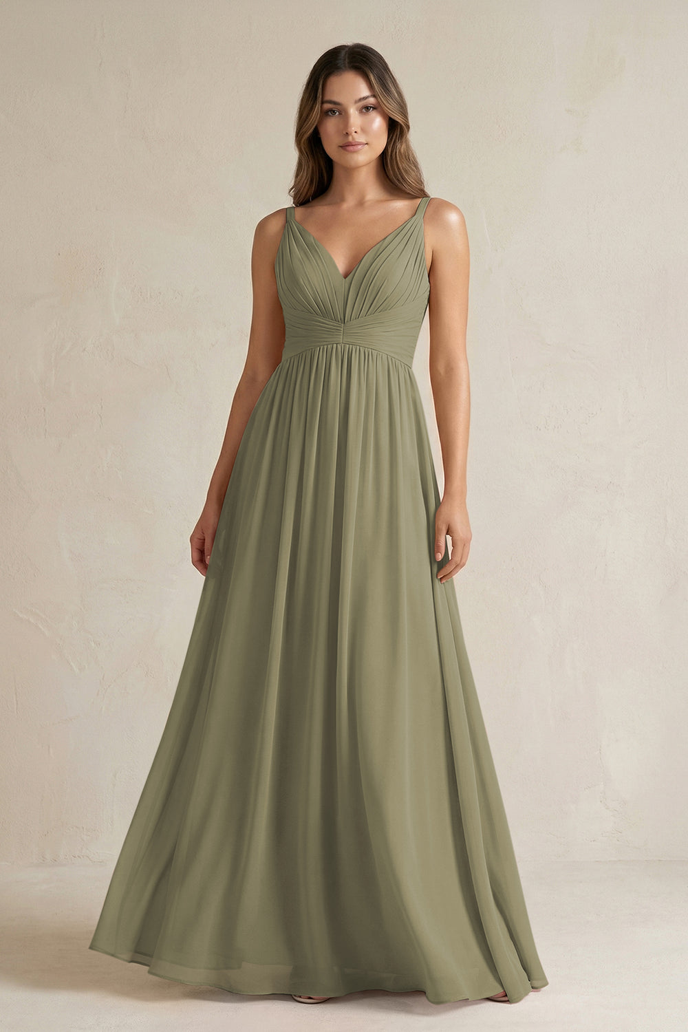 V-Neck Pleated A-Line Chiffon Bridesmaid Dress in Thyme