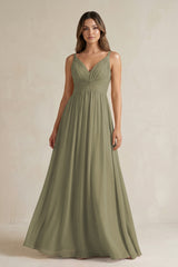 Thyme V-Neck Pleated A-Line Chiffon Bridesmaid Dress | KISSBRIDAL