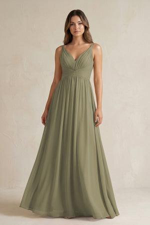 Thyme V-Neck Pleated A-Line Chiffon Bridesmaid Dress | KISSBRIDAL