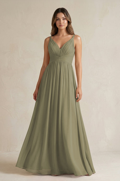 Thyme V-Neck Pleated A-Line Chiffon Bridesmaid Dress | KISSBRIDAL