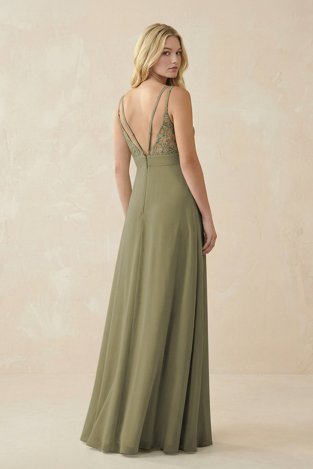 V-Neck Ruched Chiffon Bridesmaid Dress with Slit in Thyme