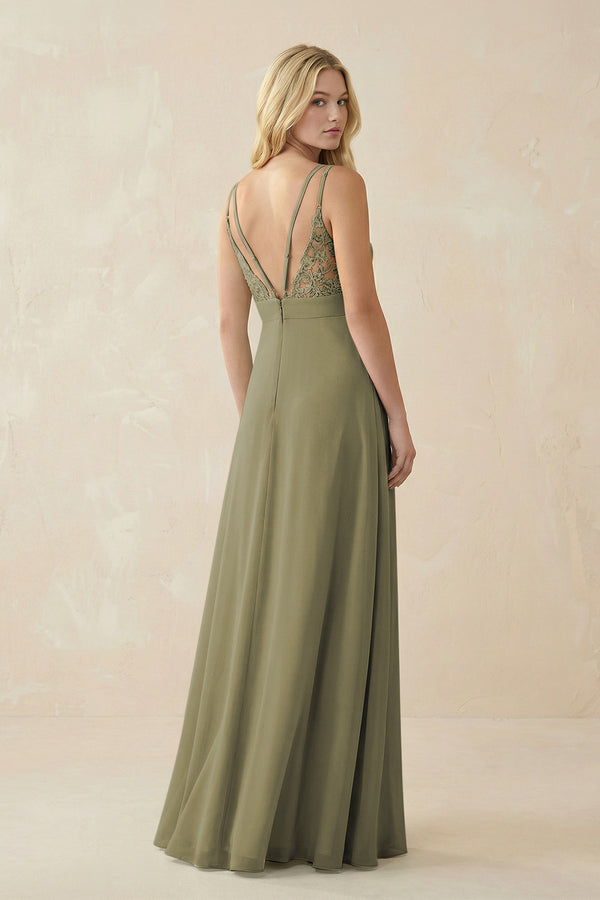 Thyme V-Neck Ruched Chiffon Bridesmaid Dress with Slit (2) | KISSBRIDAL