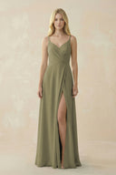 Thyme V-Neck Ruched Chiffon Bridesmaid Dress with Slit | KISSBRIDAL