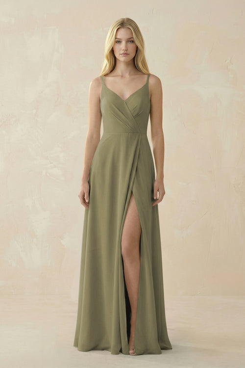 Thyme V-Neck Ruched Chiffon Bridesmaid Dress with Slit | KISSBRIDAL