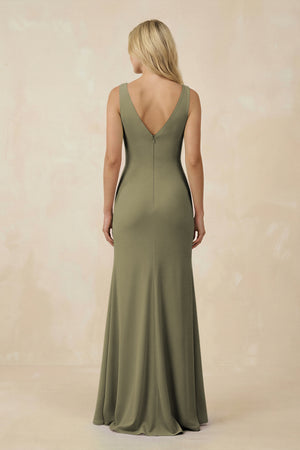 Thyme V-Neck Ruched Sheath Bridesmaid Dress with Slit (2) | KISSBRIDAL
