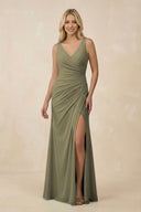 Thyme V-Neck Ruched Sheath Bridesmaid Dress with Slit | KISSBRIDAL