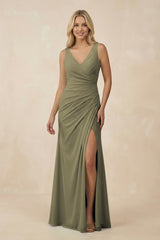Thyme V-Neck Ruched Sheath Bridesmaid Dress with Slit | KISSBRIDAL