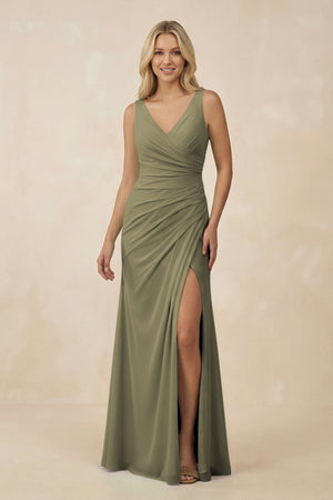 Thyme V-Neck Ruched Sheath Bridesmaid Dress with Slit | KISSBRIDAL