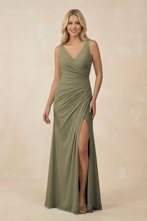 Thyme V-Neck Ruched Sheath Bridesmaid Dress with Slit | KISSBRIDAL