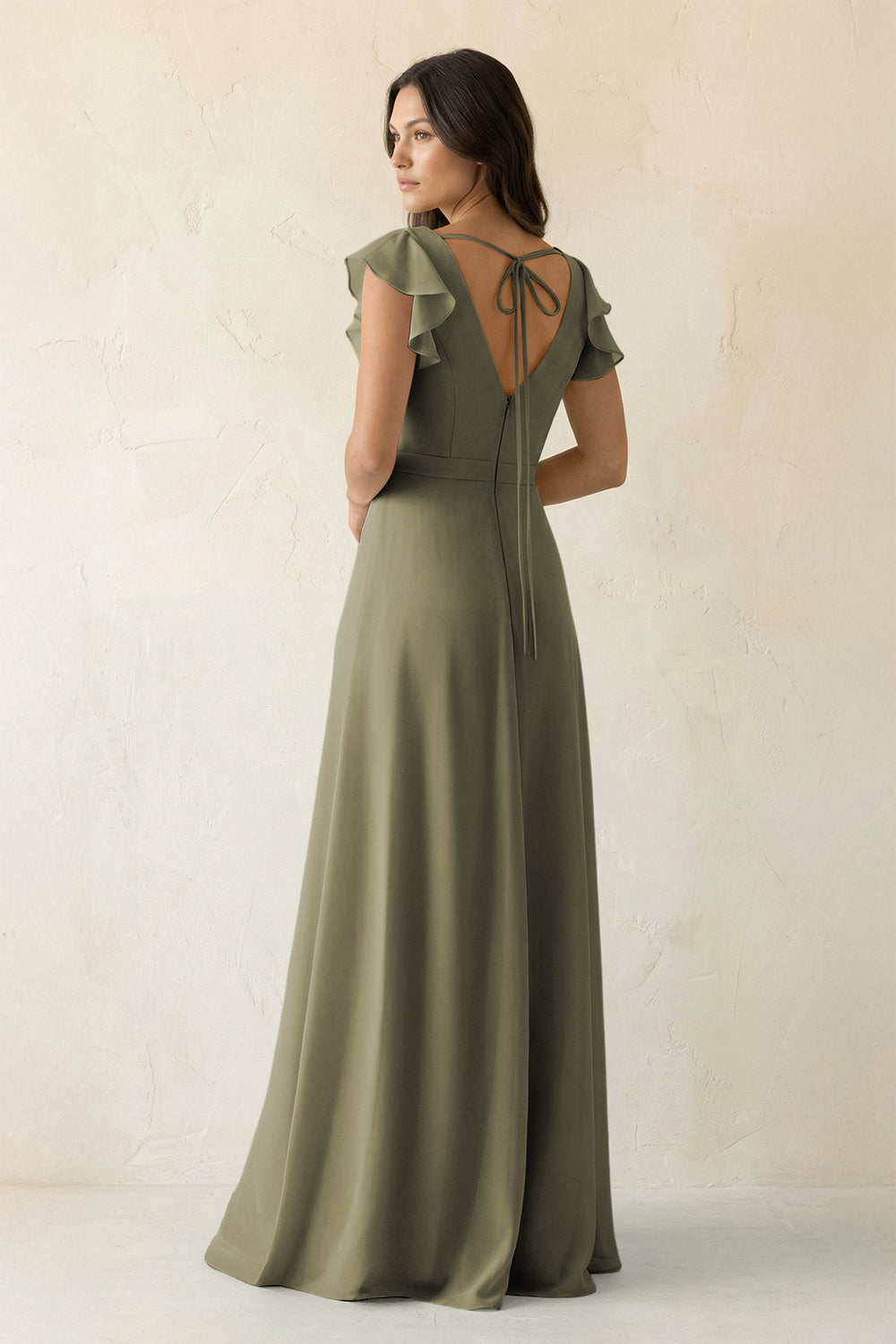 V-Neck Ruffled A-Line Chiffon Bridesmaid Dress in Thyme