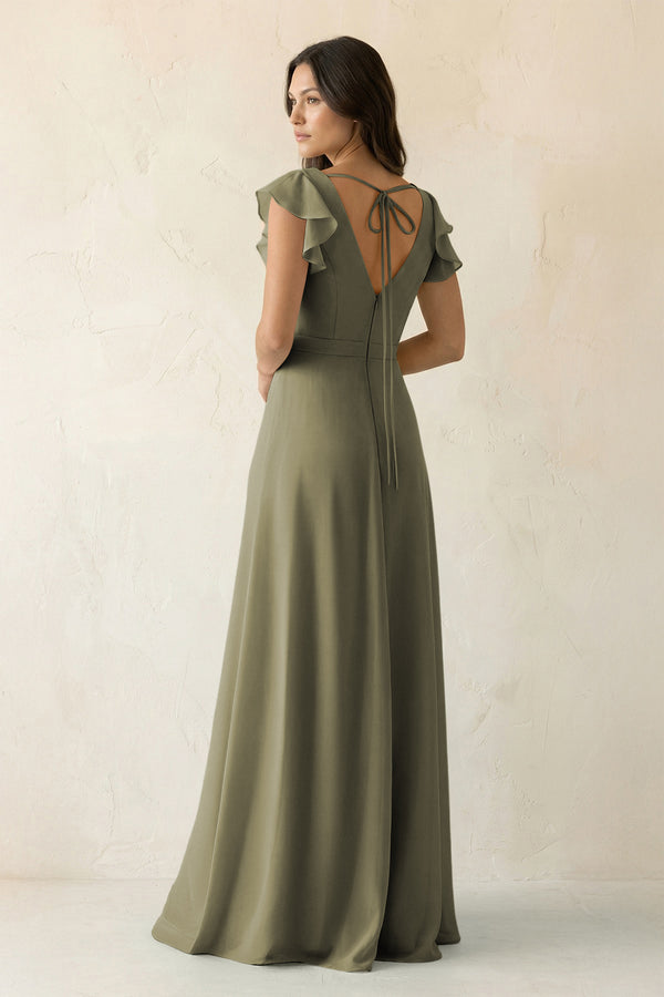 Thyme V-Neck Ruffled A-Line Chiffon Bridesmaid Dress (2) | KISSBRIDAL
