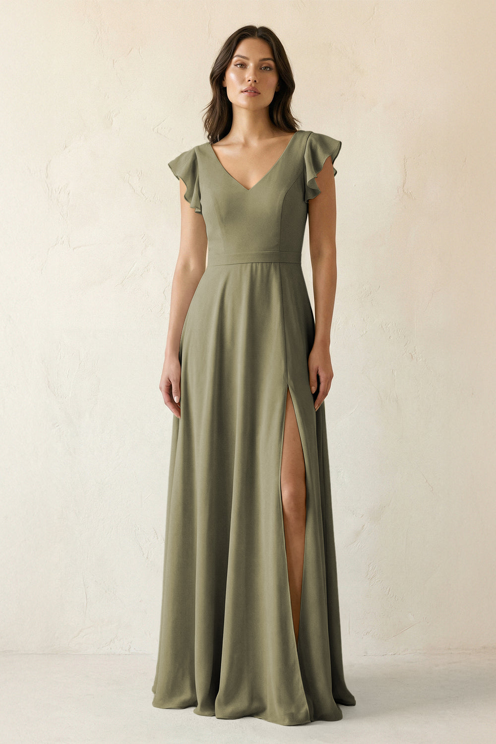 V-Neck Ruffled A-Line Chiffon Bridesmaid Dress in Thyme