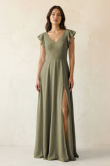 Thyme V-Neck Ruffled A-Line Chiffon Bridesmaid Dress | KISSBRIDAL