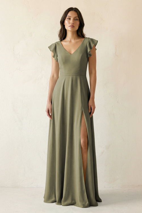 Thyme V-Neck Ruffled A-Line Chiffon Bridesmaid Dress | KISSBRIDAL