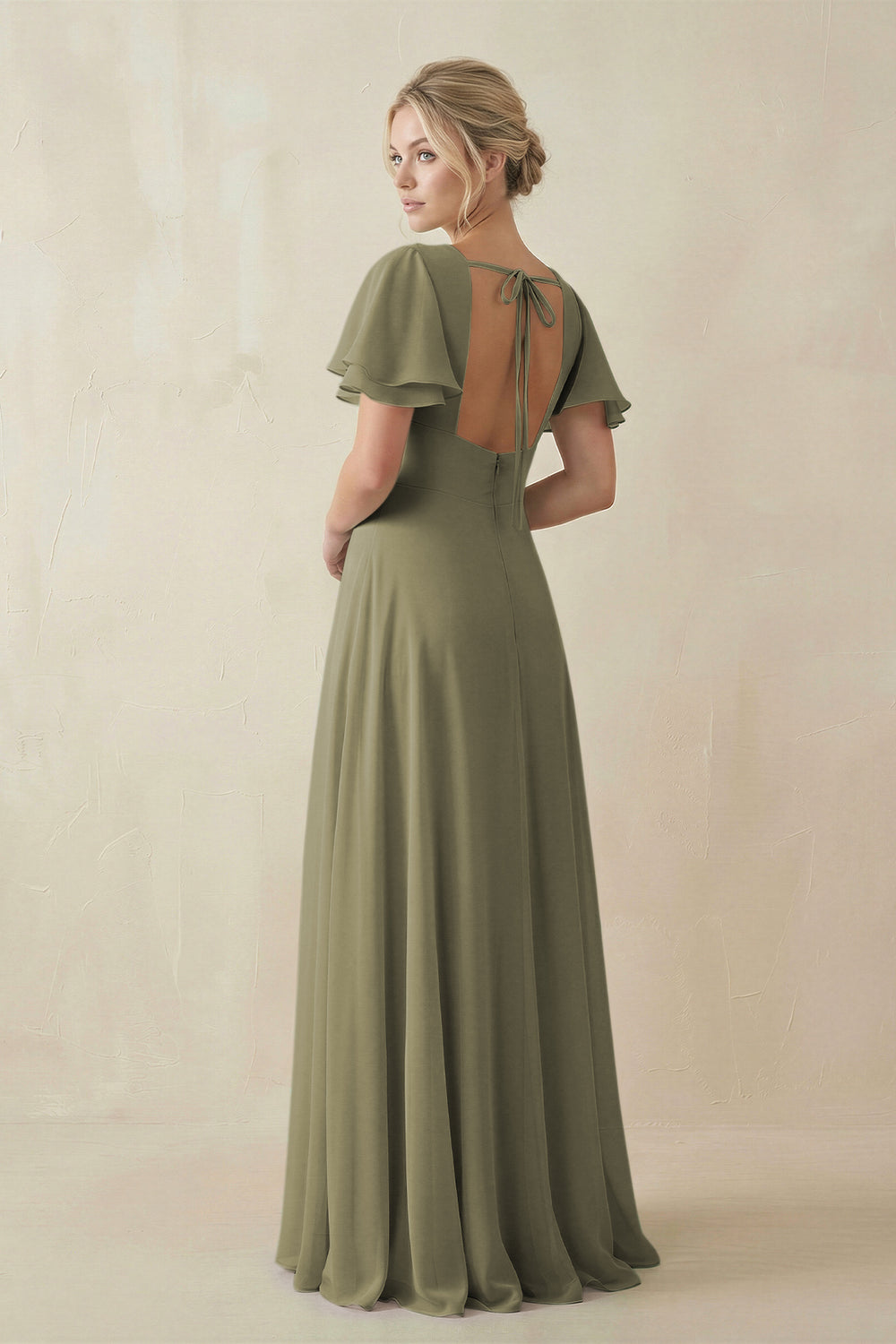 V-Neck Ruffled Short Sleeves A-Line Bridesmaid Dress in Thyme