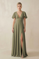 Thyme V-Neck Ruffled Short Sleeves A-Line Bridesmaid Dress | KISSBRIDAL