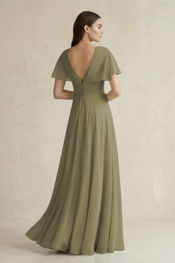 Thyme V-Neck Ruffled Sleeve A-Line Chiffon Bridesmaid Dress (2) | KISSBRIDAL