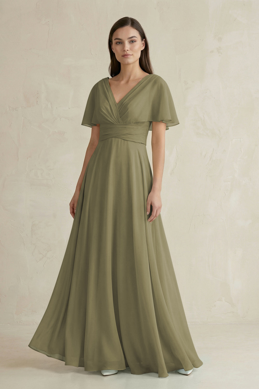 V-Neck Ruffled Sleeve A-Line Chiffon Bridesmaid Dress in Thyme