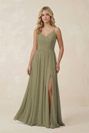 Thyme V-Neck Spaghetti Strap A-Line Chiffon Bridesmaid Dress | KISSBRIDAL