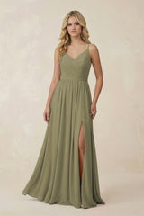 Thyme V-Neck Spaghetti Strap A-Line Chiffon Bridesmaid Dress | KISSBRIDAL