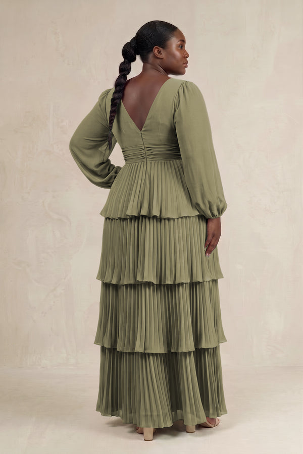 Thyme V-Neck Tiered A-Line Long Sleeve Bridesmaid Dress (2) [sizeplus] | KISSBRIDAL