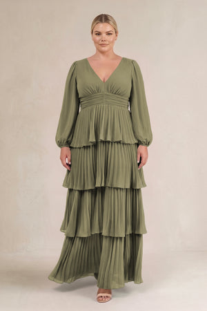 Thyme V-Neck Tiered A-Line Long Sleeve Bridesmaid Dress (3) [sizeplus] | KISSBRIDAL