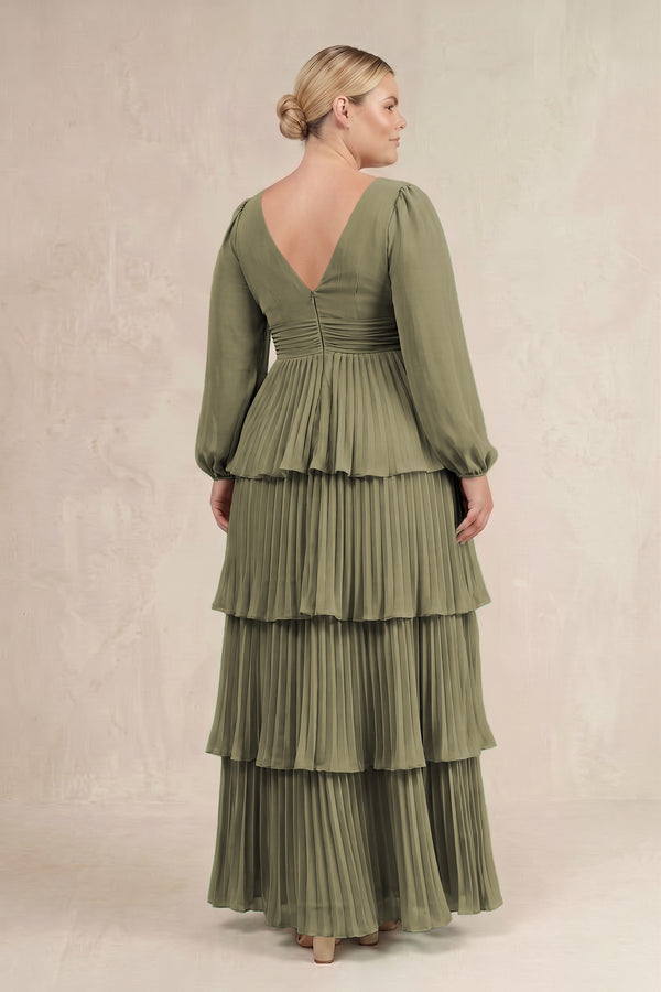 Thyme V-Neck Tiered A-Line Long Sleeve Bridesmaid Dress (4) [sizeplus] | KISSBRIDAL