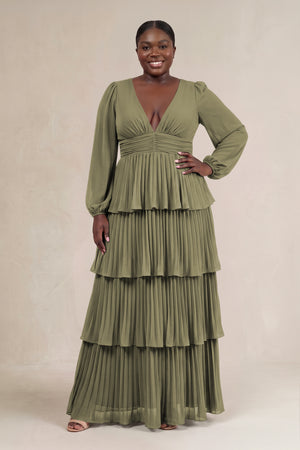 Thyme V-Neck Tiered A-Line Long Sleeve Bridesmaid Dress [sizeplus] | KISSBRIDAL