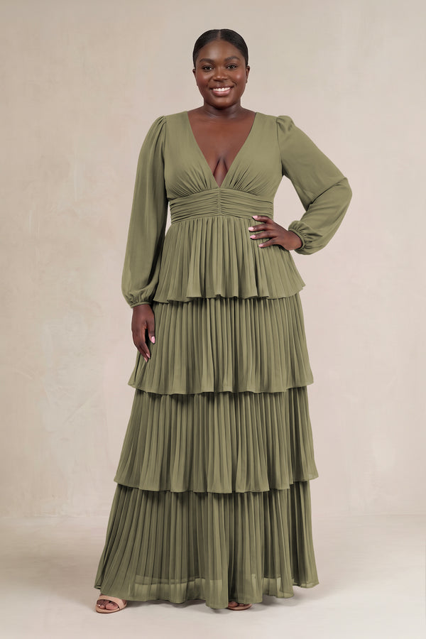 Thyme V-Neck Tiered A-Line Long Sleeve Bridesmaid Dress [sizeplus] | KISSBRIDAL